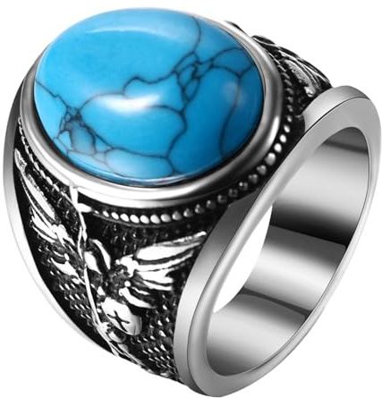 JewelryWe Helig Michael-ring med turkos: Rostfritt stål herrring Erängel St Michael-ring herr sigillring med blå oval turkos retro skydd fingerring katolsk skyddshänge smycken storlek 65, Turkos