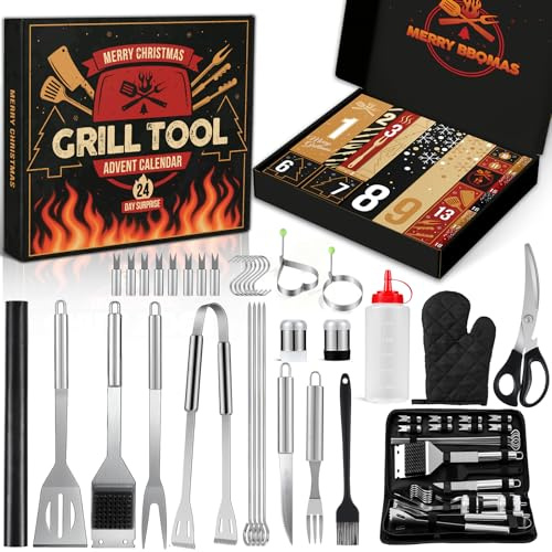 Grill Werkzeug Adventskalender 2025 Männer, 24 Tage BBQ Grillzubehör & Werkzeug Set mit Zange, Spatel, Grillmatte & hitzebeständigen Handschuhen, Weihnachtsgeschenke für Papa Ehemann