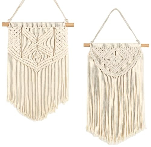 Lot De 2 Macramé Tenture Murale Tissée Tapisseries Murales en Macramé Beige 22 * 56cm Style Bohème Chic Décoration D'Intérieur pour Appartement Dortoir Chambre Salon Toile de Fond