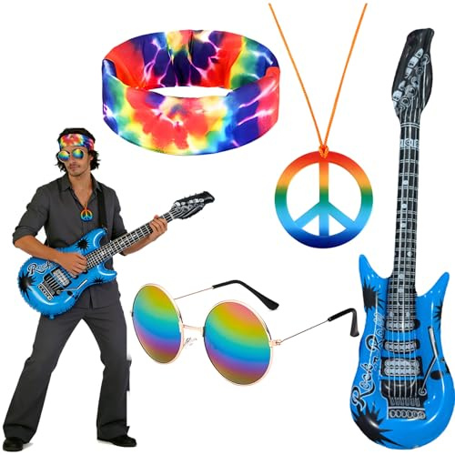 Dongcill 4 piezas de accesorios hippie para hombre de los años 70 con cadena de la paz, diadema batik, gafas de sol arcoíris, guitarra aérea para disfraz de carnaval, disfraz de roquero, fiesta retro