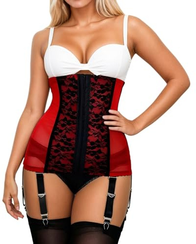 DUHENWU Corsetto da donna a vita alta, con fibbia in metallo, set vintage, corsetto shapewear per carnevale, corsetto sotto il seno, con reggicalze, O rosso., S