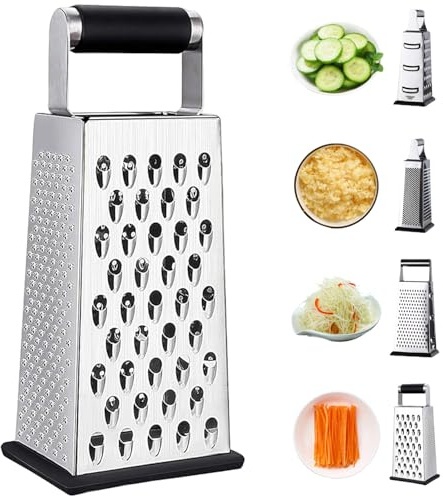 Hotainoys Grattugia per Formaggio, grattugia a Scatola in Acciaio Inossidabile da 8 Pollici con affettaverdure a 4 Lati con Base Antiscivolo e Manico Portatile per grattugie da Cucina