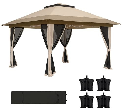 Outsunny Carpa Plegable Gazebo, 3,6x3,6 m, Cenador Plegable con 4 Paredes Laterales de Malla, Anti-UV, Altura Ajustable, Bolsa de Arena y Bolsa de Transporte, para Camping, Fiestas, Beige