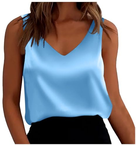 Generisch 2026 Ropa Camisas de satén para mujer, ajuste holgado, camiseta sin mangas con escote en V, azul celeste, L