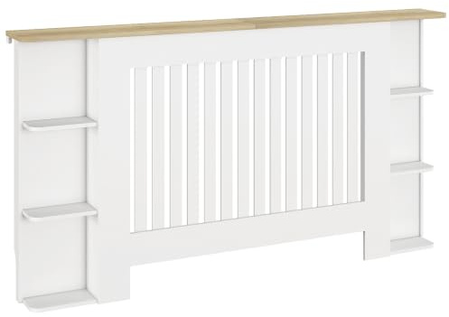 HOMCOM Cache-Radiateur Couvercle de Radiateur 152 x 19 x 83 cm Blanc | Étagères de Rangement Ouvertes, en Bois à Lattes Verticales, pour Salon Chambre à Coucher Couloir
