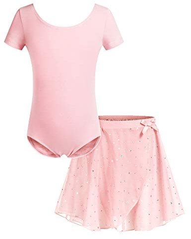 Bricnat Ropa de Ballet Vestido de Ballet Traje de Ballet para Niña Leotardo de Ballet Infantil Vestido de Danza de Manga Corta Leotardo de Ballet de Algodón con Falda Cruzada de Tutú Rosa 7-8 Años