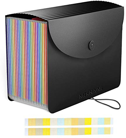 Meknaail File Organiser 24 Pockets Document Organiser Expanding Accordion Filing Folders for Paperwork A4 Size with Lid and Colour Labels Rainbow Document Box for Paper and File Storage (24 Pockets)