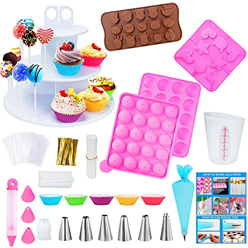 Cake Pop Maker Kit with 3 Silicone Mold Sets - 3 Tier Display Stand Piping Tips Muffin Cupcakes Instructions Visual Recipe Cards Lollipop Sticks Valentine Easter Gifts for Mom Wife