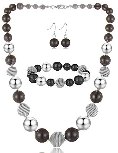 BULINLIN Chunky Beaded Silver Necklace Earrings Pearl Handmade Bracelet Set Statement Costume Fashion Jewellery Set Birthday Gifts for Women
