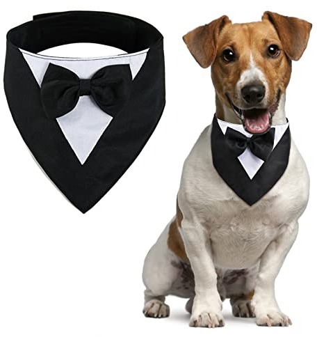 URROMA 1 x formelles Hundehalstuch, Haustier-Hochzeits-Bandana mit Fliege, Smoking, Bandana, Halsband, Schwarz, Größe XS