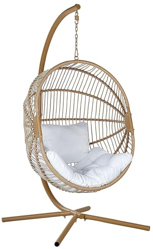 Silla Colgante con Soporte de ratán Beige Blanco Ovalada Estructura Metal Acri