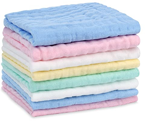 Aolso Musselin Baby Waschlappen Set - 8 Stück Bio-Baumwolle Mehrzweck Handtücher für Neugeborene, Saugfähig, 25 * 25cm