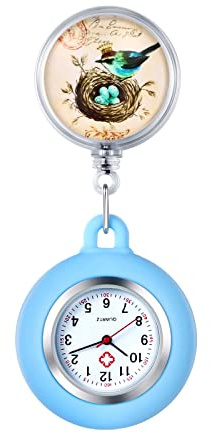 Silverora Reloj de enfermera de silicona retráctil con estetoscopio de pájaro, solapa con clip para médico, enfermeras, funda de silicona para mujeres y hombres, azul