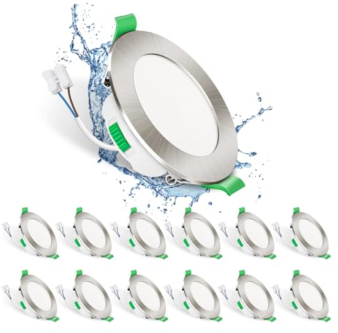 ALUSSO LIGHTING LED Einbaustrahler 230V Deckenspots flach Dimmbar 7W Ultra Slim Spots IP44 Deckenstrahler Einbauleuchten für Badezimmer Küche, 3000K/4000K/6500K Einbauspots, Rund Nickel 12er Set