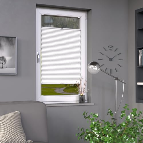 Deco-Raum Plissee auf Maß für alle Fenster innen, Montage in Glasleiste mit Spannschuh, Plissee mit Bohren Faltrollo Sichtschutz und Sonnenschutz Farbe Weiß B:61-70 cm, H: 40-100 cm