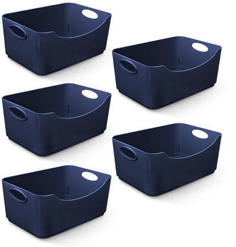 KEPLIN Plastic Studio Basket - Container Boxes for Storage Organising in Home or Office - Suitable for Shelfs Drawers Laundry Cupboard (Navy, 5 Pack)