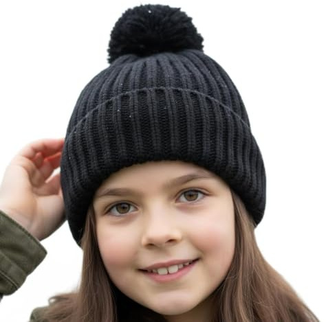 A2Z 4 Kids Ragazze Ragazzi Cappelli A Coste A Maglia con Pompon Pom Pom - Hat KH1024 Black 7-10