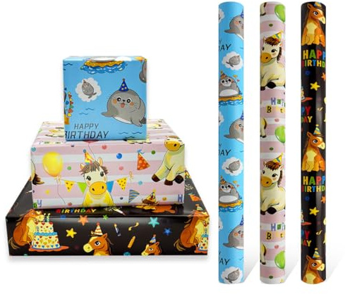 3 rollos de papel de regalo de cumpleaños de 43 cm x 3 m, papel de regalo reciclable, impreso con caballo y foca, adecuado para la decoración de regalos de cumpleaños de niños y niñas