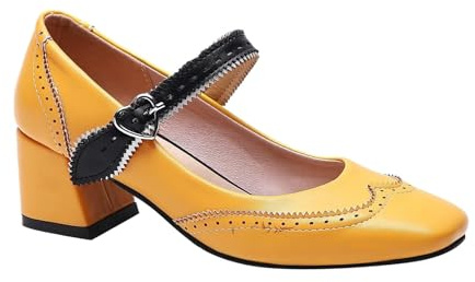 Women's Square Toe Chunky Mid Heel Mary Jane Work Pumps Oktoberfest Traditional German Shoes Bavarian Dirndl Shoes for Beer Festival Long Standing Support Yellow
