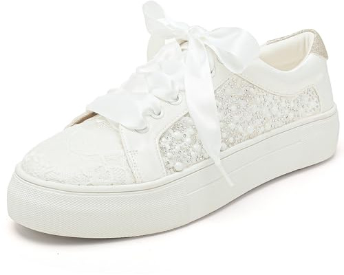 Elivandon 9993 bröllopsskor spets brudsneakers 3,7 cm plattform brud tennisskor glittrande strass bröllop sneakers, Elfenben, 38.5 EU