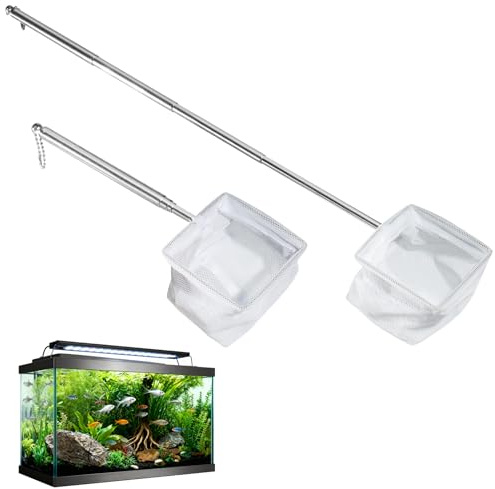 Set de 2 Épuisettes Miniatures pour Aquarium avec Manche en Acier Inoxydable – Filet de Pêche à Mailles Fines avec Manche Télescopique (13-40 cm) pour Aquarium, Étang et Nettoyage (8x6,5 cm)