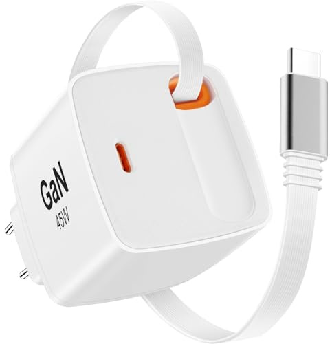 envircell 45W USB C laddare med utdragbar kabel, GaN snabbladdare 2 portar nätaggregat, strömadapter kompatibel med Galaxy S25, S24, A15, iPhone 17-8-serien, Pads, MacBook Air
