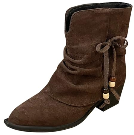 Stivaletti da donna con tacco, eleganti stivali da cowboy, in pelle scamosciata, comodi stivaletti in pizzo, stivali occidentali, stivaletti corti per autunno e inverno