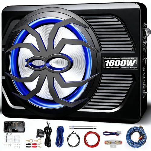 WDiYA 2026 Upgraded 1600W Car Subwoofer, 10 Ultra-Thin Powered Under-Seat Sub with Built-in Amplifier, (LPF/Gain/Bass Boost) LED Ambient Lights, Independent Bass Knob, Distortion-Free Deep Bass