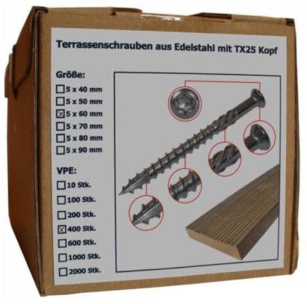 Sanpro Lot de 400 vis de terrasse en acier inoxydable avec tête Torx - Taille 5 x 60 mm