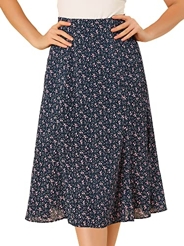 Allegra K Women's Floral Midi Skirt Peasant Elastic Waist A-Line Ditsy Leave Print Skirts Medium Navy Pink