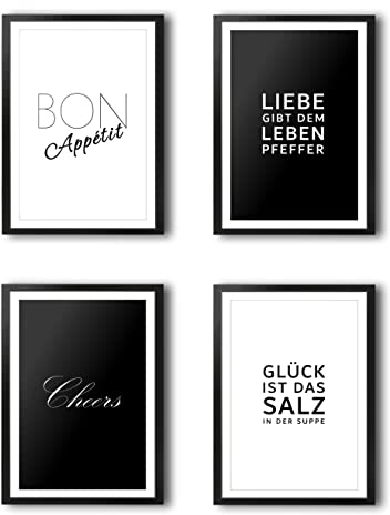 VON STEINEICH® Küche Bilder Set [Schwarz Weiß] – Moderne Wandbilder in DIN A4 als Küchendeko oder Deko Wand im Esszimmer - Küchenbilder passend zu Aesthetic & Boho (4er Poster Set ohne Bilderrahmen)