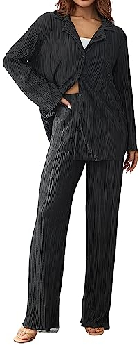 Geagodelia Zweiteiler Damen Plissee Outfit Kleidung Elegant Hosenanzug 2 Teiler Set Weite Hose + Button Down Langarmshirt Loungewear Streatwear Anzug Sommer (A - Schwarz, S)