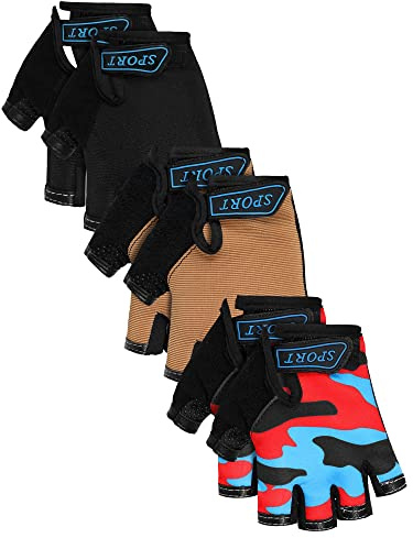 Boao 3 Pairs Kids Bike Gloves Kids Half Finger Fingerless Sports Gloves Non-Slip Gel for 7-12 Years(Classic)