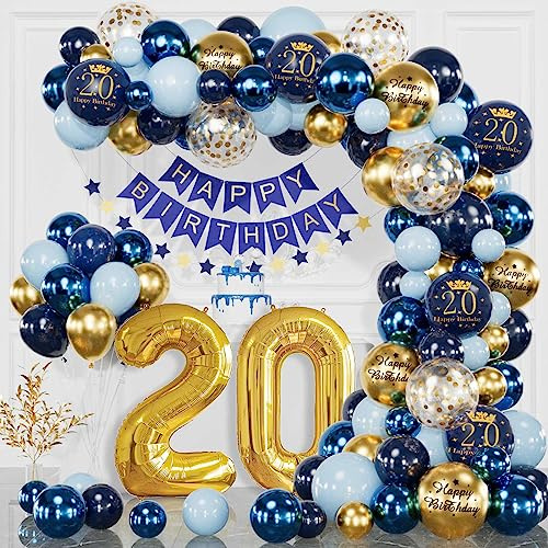Décoration d'anniversaire 20 ans, bleu marine, doré, 20e anniversaire, hommes et femmes, bannière Happy Birthday, ballons à confettis, ballons d'anniversaire pour 20 ans