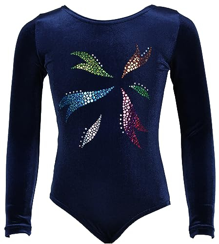 Langarm Gymnastikanzug Turnanzug Samt mit Glitzer Effekt, Größe:140, Farbe:Samt Blau - FLORA