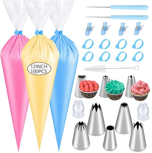 125 Stück Spritzbeutel Spitzen Set, Verdickter Einweg-Backbeutel 31x21cm 100 Stück Spritzbeutel mit 8 Spritzbeutel-Klebebändern und 8 Glasurspitzen, 1 Pinsel 4 Beutelklammern 2 Reißnadel
