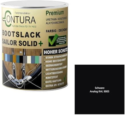 Contura Bootslack Farbig SEIDENMATT Yacht- Buntlack Metall Holz GFK Holzlack Boot Farblos (Schwarz - RAL 9005 Analog, 1 Liter)