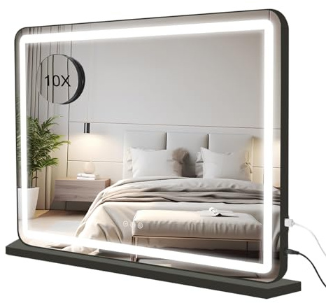 Buildonely Hollywood Sminkspegel 80x57 cm, Spegel met Justerbara LED, 3 Ljusstyrkelägen, Intelligenta Minnefunktion, Touch Control, USB Laddare, Väggmontering, Svart