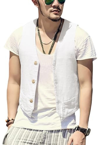 AeoTeokey Gilet da Uomo Estivo in Lino, Gilet da Suit con Scollo a V, Moda, Gilet Casual da Party, Vestibilità Regolare, bianco, M