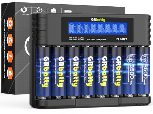 Cargador Pilas Recargables AA GRbatty 3500mWh Pilas de Litio AA 1,5 V Alta Capacidad con Cargadores LCD, más de 1500 ciclos,Paquete de 8