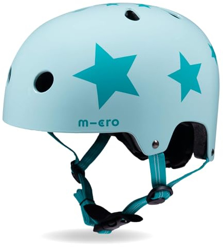 Micro Scooter | Bike/Scooter Printed Deluxe Kids Helmet | Kids Bike Accessories | LED Rear Light | Protective Chin Strap | Inner Padding | Adjustable Strap & Sizing Wheel | Small (48-54cm) | Aqua Star