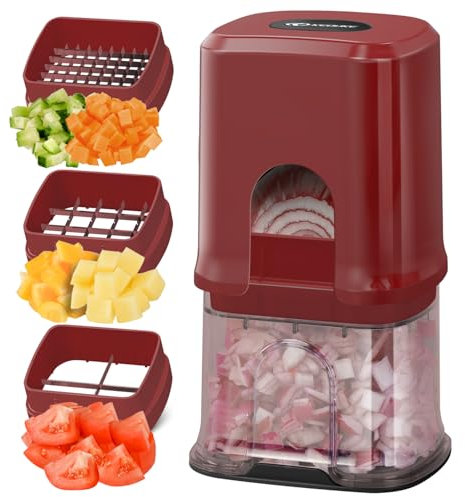 KEOUKE Multifunctional Vegetable Chopper Red - 3 Interchangeable Blades Potato French Fry Cutter with Container & Storage Box Food Chopper Dicer for Cucumber, Tomato, Carrot, Onion