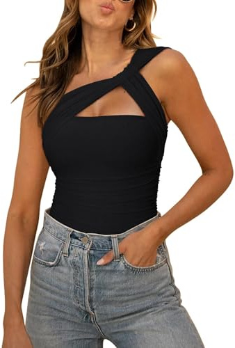 REORIA Womens Sexy One Shoulder Asymmetrical Tank Top Leopard Print Mesh Ruched Sleeveless Backless Trendy Going Out Thong Bodysuits Tops Black Large