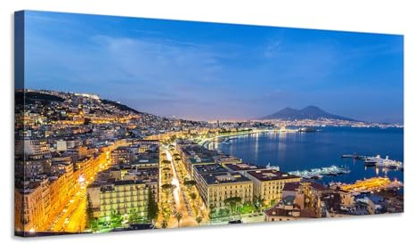 Panorama Napoli di notte con Vesuvio – quadro stampa su tela con telaio in legno - 80x40 cm
