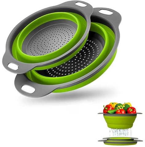 Dreamil 2 Stück Silikon Faltbarer Seiher Sieb, Klappbar Küchensieb Nudelsieb Abtropfsieb Set Grün 2 Größe (24+29cm), zum Abtropfen von Nudeln Gemüse Obst Reis Fruit Salate Dishes für Küche Camping