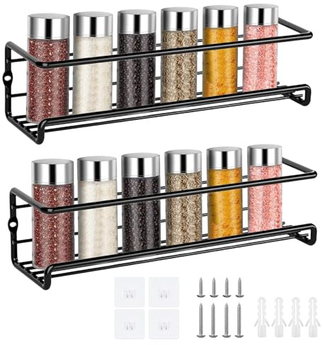 Dulynva Lot de 2 Rangement Epices Cuisine Etagere a Epices Murale Metal avec Autocollants et Vis Étagères à Épices Murale Porte epice Sans Percage support épices pour Garde-manger (Noir)