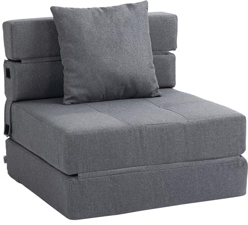 HOMCOM Divano Letto Futon Pieghevole 2 in 1 Convertibile con Cuscino Lavabile, Pouf Letto Singolo da Terra Poltrona Letto Salvaspazio in Tessuto Cotone Traspirante per Casa Yoga Lettura, Grigio Chiaro