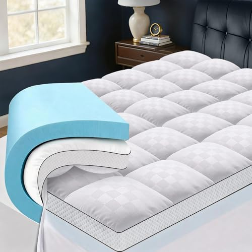 Easthome Queen Size Dual Layer 4 Inch Memory Foam Mattress Topper, 2 Inch Gel Memory Foam and 2 Inch Pillow Top Mattress Pad Cover, Thick Soft Bed Topper Medium Support for Back Pain, White