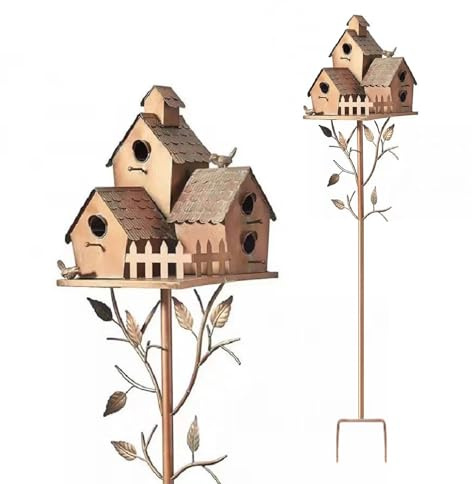 SIXRUN Nichoir à Oiseaux en Métal Antirouille, Piquet Décoratif de Jardin, Nichoir Extérieur pour Pelouse, Villa, Cour (E)