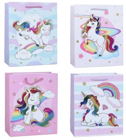 NiceNaiils 4 Borsa Regalo Unicorno 18x23x10cm - Sacchetto Regalo in Cartoncino con Manici per Feste di Compleanno, Buste Regalo Colorate in 4 Fantasie per Bambini e Gadget Party